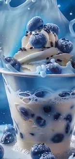 Blueberry dessert with cream and splash effect, ideal for mobile wallpaper.