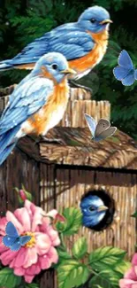 Bluebirds on birdhouse with pink flowers and butterflies.