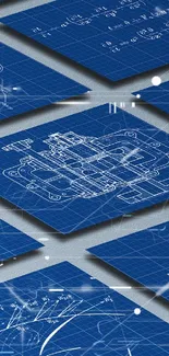 Blueprint wallpaper featuring mechanical designs on a blue background.