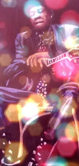 Vibrant painting of blues musician with guitar in purple tones.