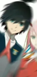 Blurred anime couple art with vibrant colors.