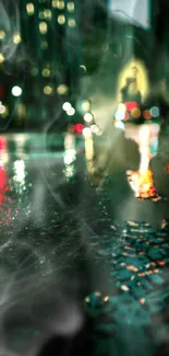 Blurred city street lights reflecting on wet pavement at night.