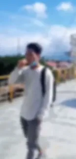 Blurred image of person walking on urban street.