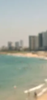 Abstract blurry beach cityscape with serene coastal view.