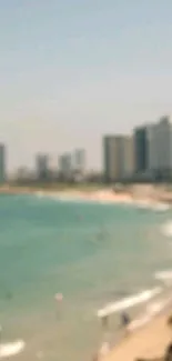 Blurry view of a city and beach.