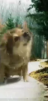 Blurry dog on scenic forest path with green trees and rain effect.