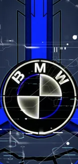 Futuristic BMW logo wallpaper in blue and black design.