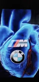 BMW-themed electric blue heart wallpaper.