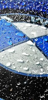 BMW logo with water droplets on a blue background mobile wallpaper.