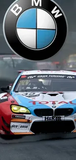 Dynamic BMW racing car with emblem on track background.