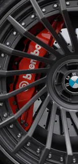 Close-up of a BMW wheel with a red caliper.