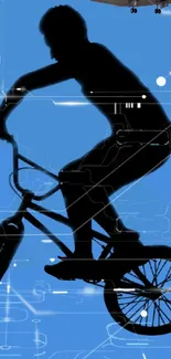 Silhouette of a BMX rider on a blue digital background with circuit patterns.