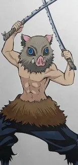 Anime character with boar mask and swords in action pose.