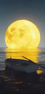 Serene night scene with boat and luminous full moon reflected on calm water.