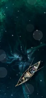 Wallpaper with a boat floating on dark, mysterious waters under a starry sky.