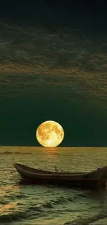 Tranquil boat floating under a full moonlight night on a calm ocean.