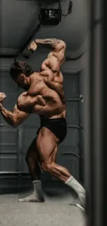 Bodybuilder flexing muscles in a dark room, showcasing strength and physique.