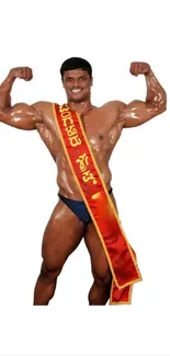 Bodybuilder flexing with a victory sash, showing strength and confidence.