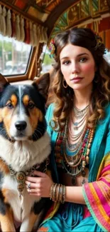 Bohemian woman with colorful attire and her dog in a decorative setting.