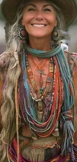 Woman in bohemian attire with colorful jewelry.