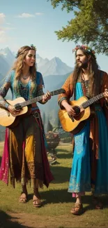 Bohemian couple playing guitars in a scenic mountain landscape.