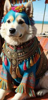 Bohemian dog in colorful gypsy attire seated outdoors.