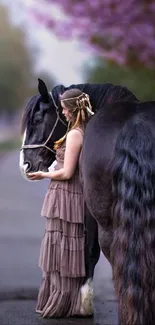 Bohemian girl with horse under blooming purple trees.