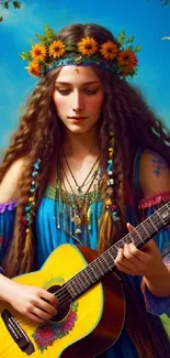 Bohemian girl playing guitar in a scenic, colorful setting.