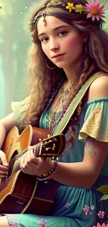 Bohemian girl playing guitar in a dreamy forest.