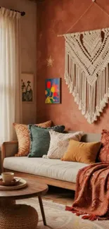 Cozy bohemian living room with wall art and cushions.
