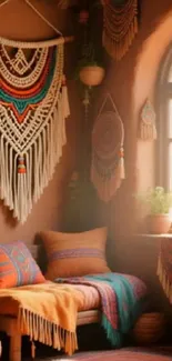 Cozy bohemian corner with macrame art and colorful textiles.