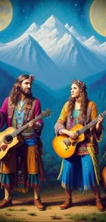 Bohemian duo playing guitars under twin moons with mountain backdrop.