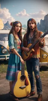 Bohemian musicians play guitar by vintage VW vans under a scenic blue sky.