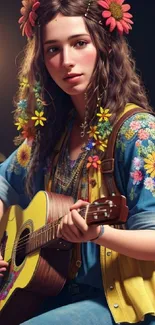 Bohemian musician playing guitar with floral accents.