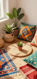 Bohemian room with pillows, plants, and sunlight.