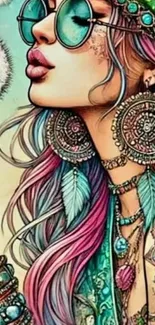 Bohemian style illustration with colorful accents and intricate jewelry.