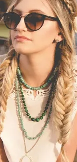 Bohemian style woman with braids and sunglasses on a sunny day.