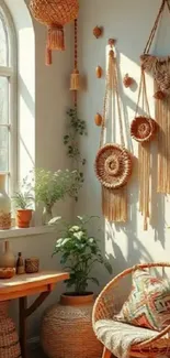 Bohemian sunlit corner with wicker decor and plants.