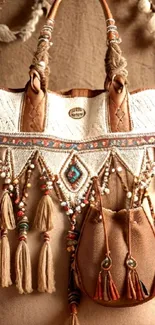 Bohemian tasseled handbag with intricate beadwork design.