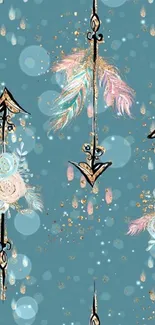 Bohemian arrow and feather wallpaper on teal background.