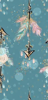 Boho arrows and floral wallpaper with teal background.