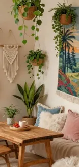 Boho chic living room with plants and art tapestry