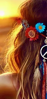 Boho flower crown against a sunset backdrop with peace sign.