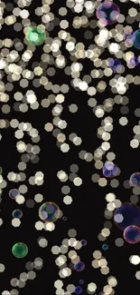 Abstract bokeh lights with colorful bubbles on black background.