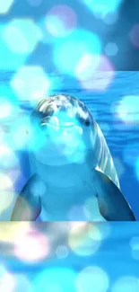 Dolphin with bokeh lights in a blue ocean wallpaper.