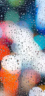 Vibrant bokeh wallpaper with raindrops on glass and colorful city lights.