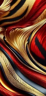 Abstract wallpaper with red and gold swirls.