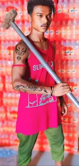 Man with tattoos holding a sledgehammer in vibrant attire.