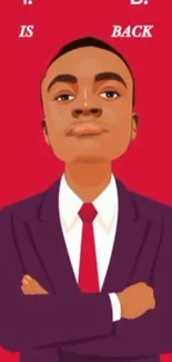 Animated portrait on bold red background, suited character.