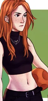 Anime character with red hair, black top, and green background.